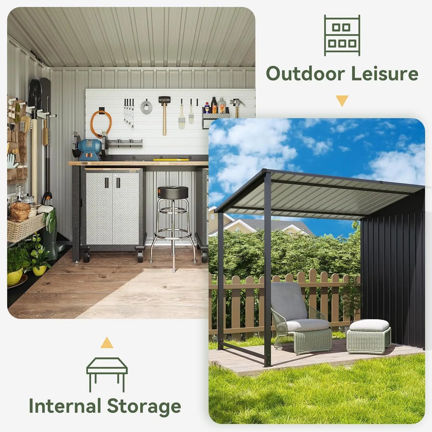 6x4FT Outdoor Storage Shed& Hardtop Gazebo Combo,12x4FTMetal Lean To Shed with Open-Sided Pergola,2-in-1Durable Garden Tool Shed