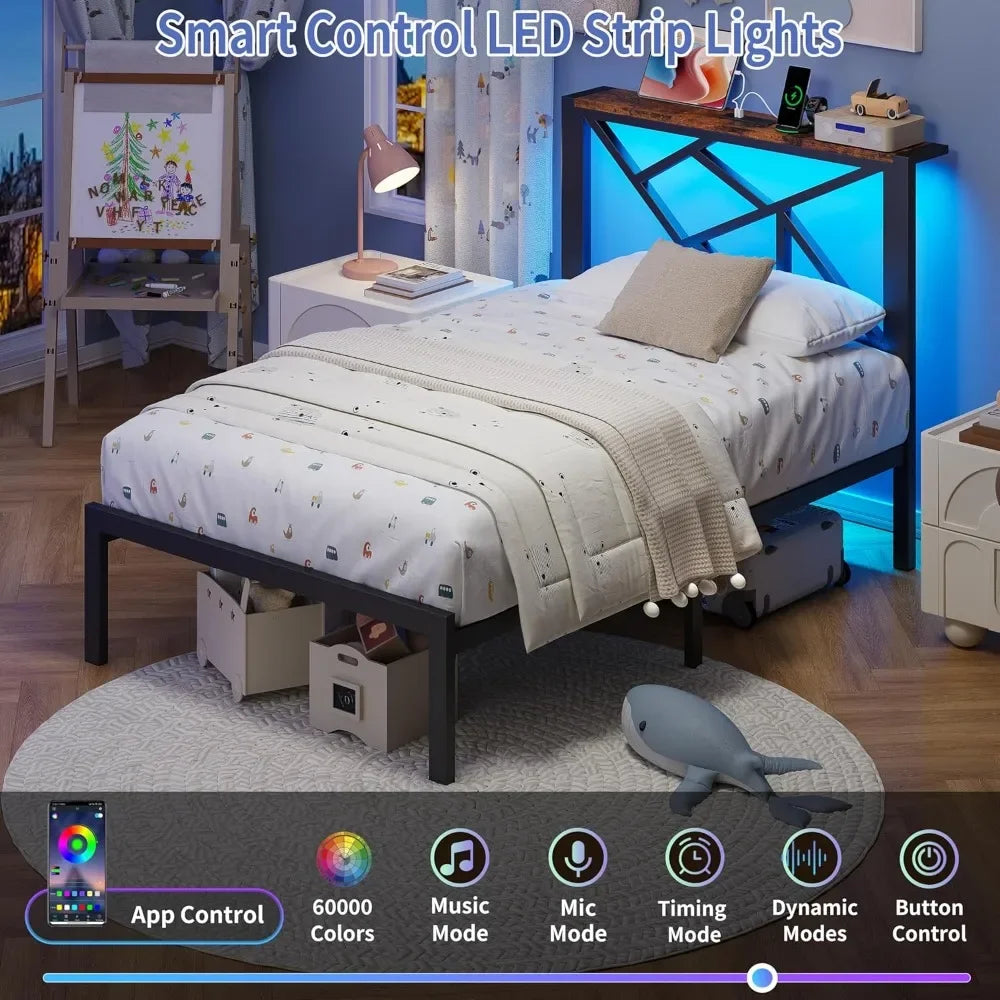 Metal Bed Frame With USB Charging Station And LED Lighting