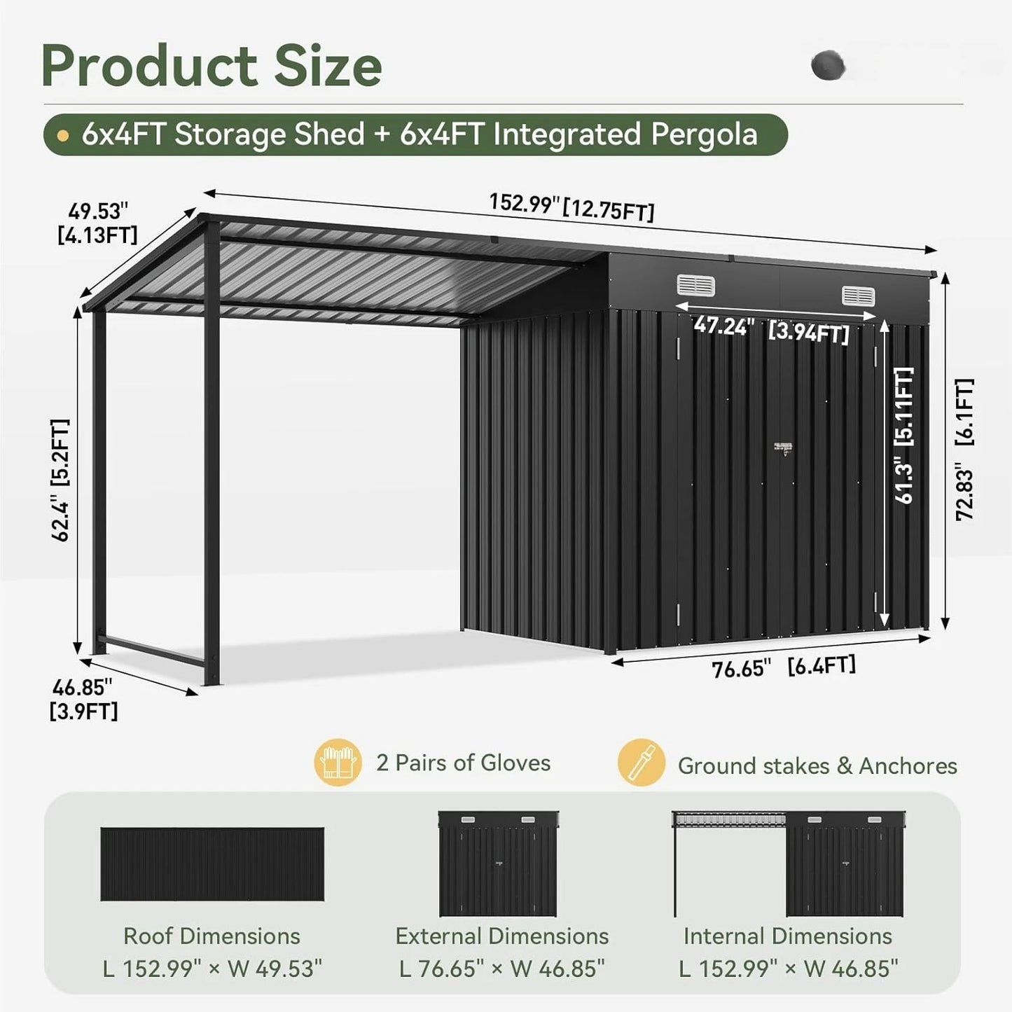 6x4FT Outdoor Storage Shed& Hardtop Gazebo Combo,12x4FTMetal Lean To Shed with Open-Sided Pergola,2-in-1Durable Garden Tool Shed