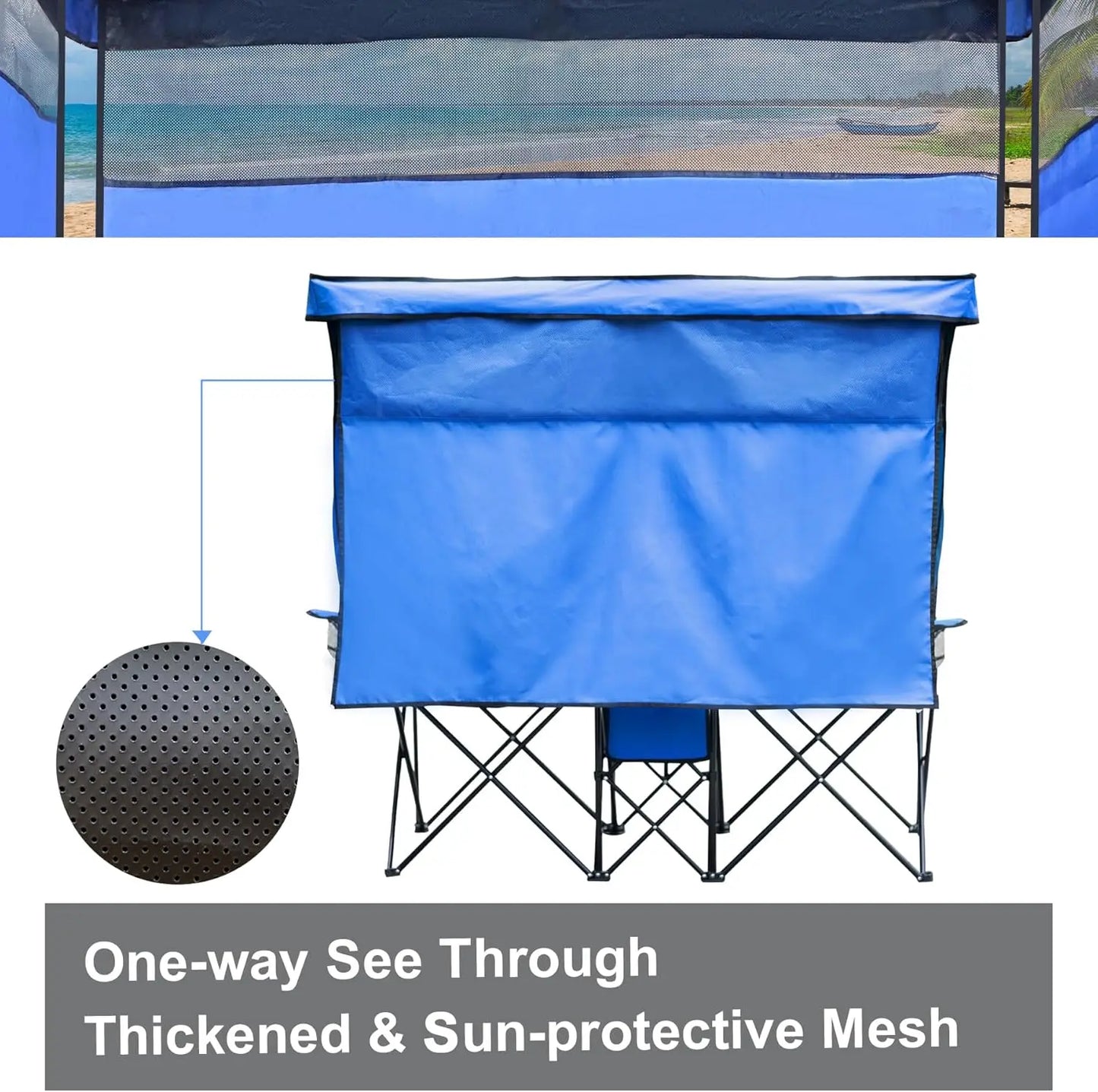 Double Beach Chair With Canopy Shade Folding Cup Holder Loveseat