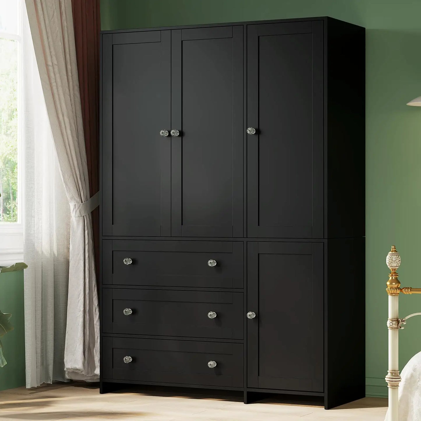 Armoire Wardrobe Closet with Drawers and Mirror, 71" Clothing Storage Cabinet with Hanging Rod, 4 Doors Wooden, Customized