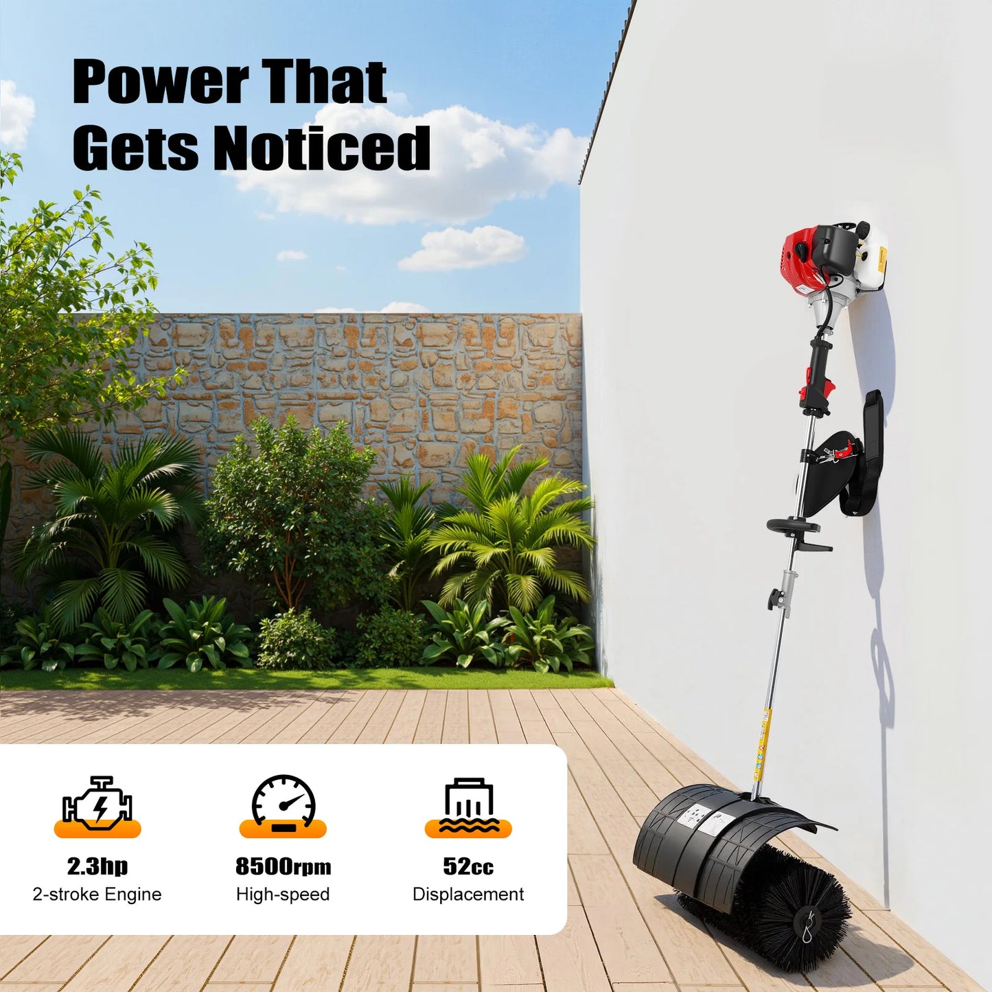 2.3HP 52CC Gas Powered Walk Behind Sweeper Multi Surface Brush Cleaner for Driveway Lawn Artificial Grass Garage Snow Removal