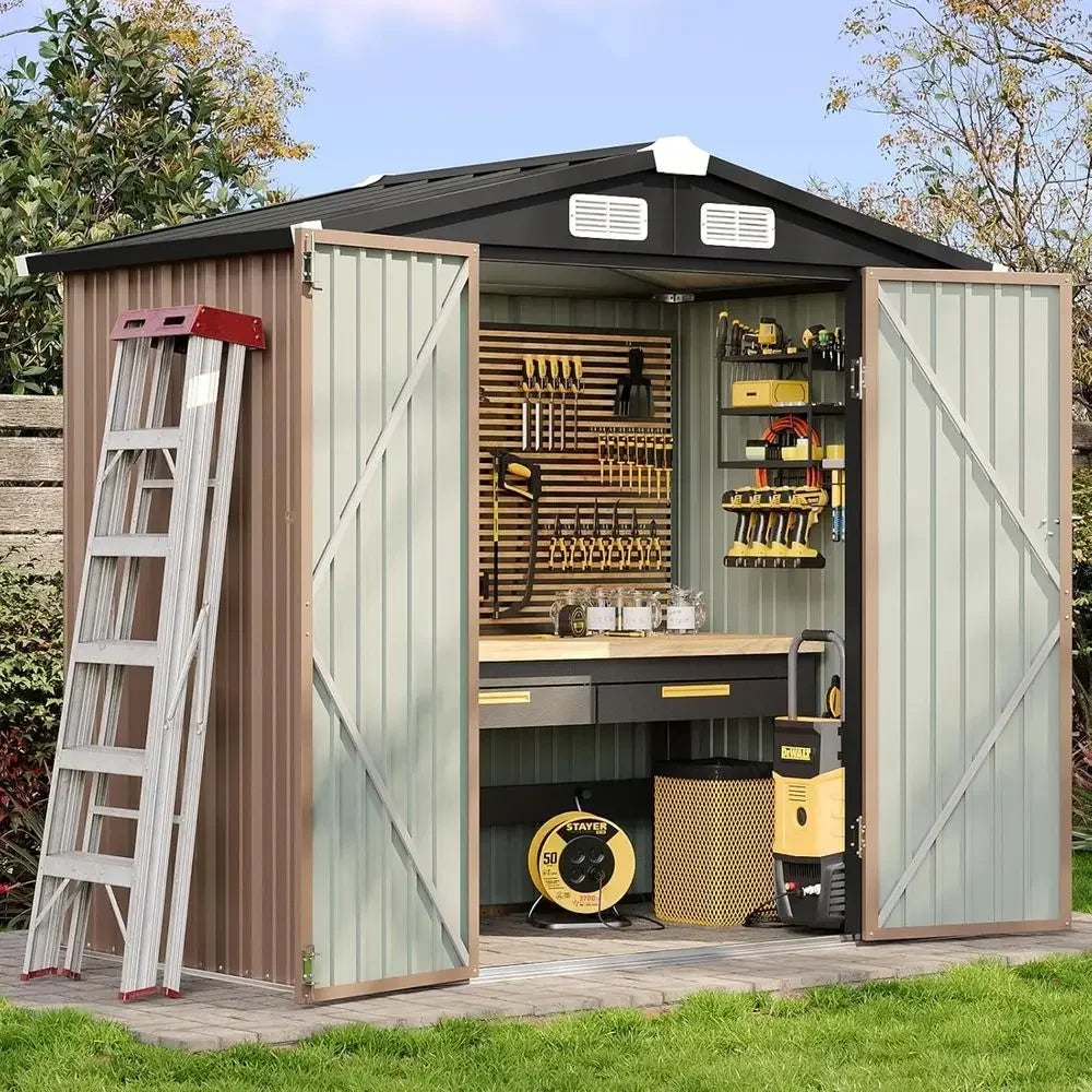 6.2x4ft Outdoor Storage Shed with Lockable Door and Sloping Roof - Brown Metal Garden Tool Shed for Backyard, Patio, Poolside