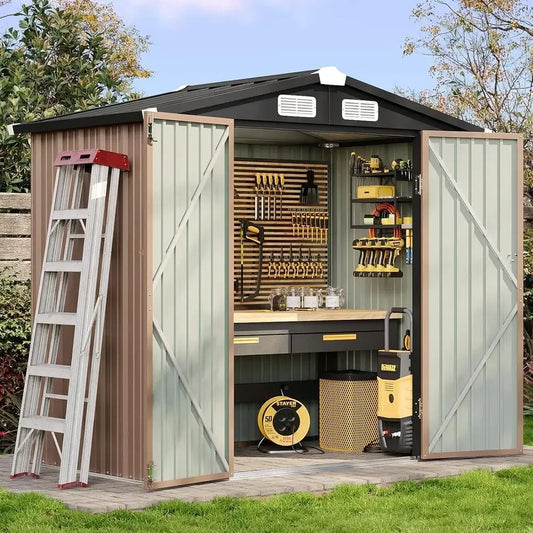 6.2x4ft Outdoor Storage Shed with Lockable Door and Sloping Roof - Brown Metal Garden Tool Shed for Backyard, Patio, Poolside
